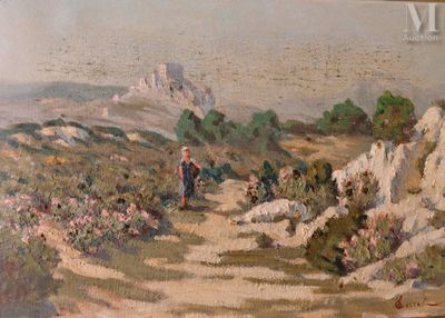 un tableau représentant un homme et une femme marchant sur un sentier