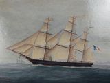 une peinture à l'huile représentant un grand voilier naviguant sur l'océan