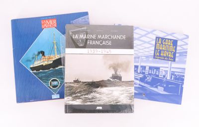 trois livres posés sur une surface blanche, avec un bateau en arrière-plan