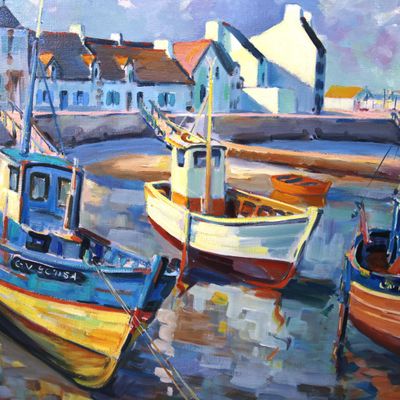 painting of boats docked in a harbor with houses in the background