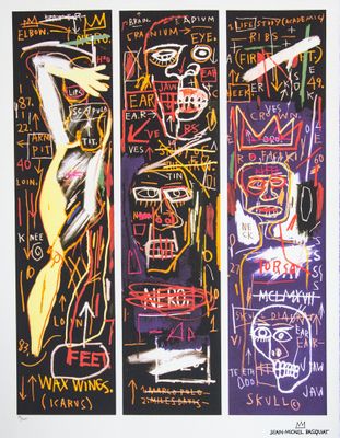 three paintings of different types of artwork on a white wall