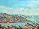 a painting of a boat on the water near a rocky shore