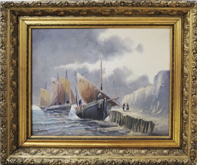 an oil painting of two boats in the water near a pier