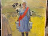 a painting of a woman holding a bucket and a cow