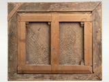 an old wooden window with two glass panes on a white background