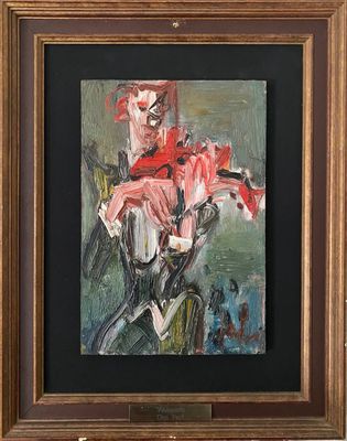 painting of a man riding a bike with flowers in a vase