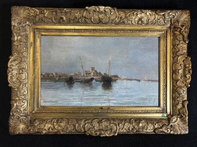 une image d'une peinture représentant une scène de port avec des bateaux dans l'eau