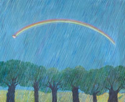 a painting of a rainbow in the sky over a field of trees