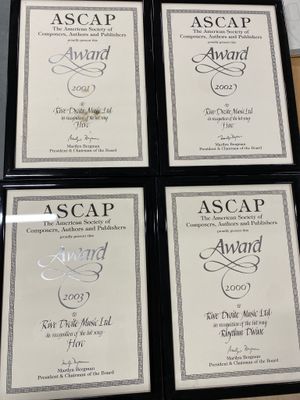 four framed awards are sitting on a table in front of a wall