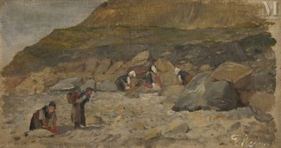 a painting of a group of people on a rocky beach