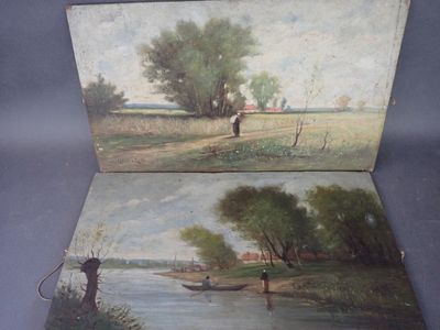 COUTEAT CONTI (XIXe-XXe) Paire de paysages animés, Huiles su…