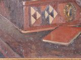 a painting of a suitcase and a book on a table