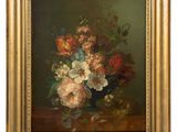 an oil painting of flowers in a vase on a table