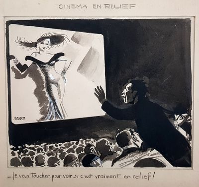 drawing of a man watching a movie on a large screen