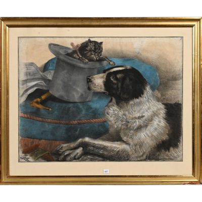 tableau représentant un chien et un chat assis sur un coussin bleu