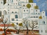une peinture à l'huile représentant un bâtiment blanc, avec des arbres et un chemin de terre au premier plan
