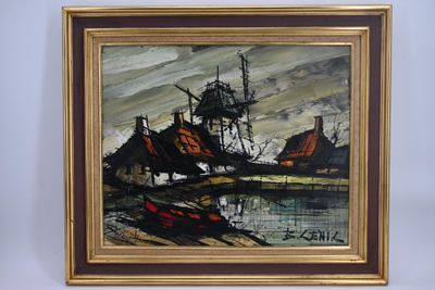 peinture représentant une peinture d'un bateau sur un plan d'eau, avec des bâtiments en arrière-plan