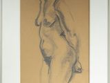drawing of a nude woman in a white frame with a brown background