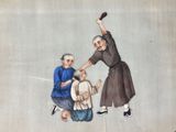 painting of a man and woman playing with a child on a wall