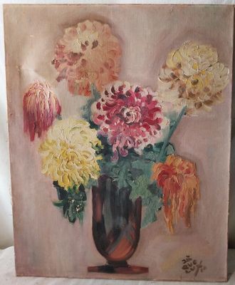 une peinture de fleurs dans un vase sur une table