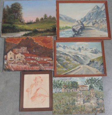 quatre tableaux encadrés représentant des montagnes, une rivière et une route