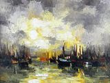 une peinture à l'huile d'une scène portuaire avec des bateaux dans l'eau