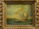 an oil painting of a sailboat on the water with a boat in the background