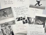 plusieurs photos en noir et blanc représentant des personnes et des lettres, accrochées sur un réfrigérateur