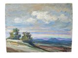 an oil painting of a landscape with trees on a hill