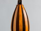 hanging lamp made of wood with a brown and black striped design