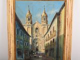 an oil painting of a street scene with a church in the background