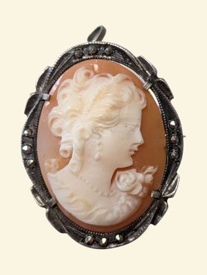 a close up of a picture of a woman ' s face in a broochle
