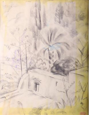dessin d'une maison dans les bois avec des arbres et des buissons au premier plan