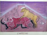 a painting of a bull and a bull on the ground