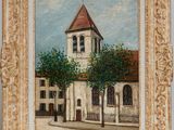 an oil painting of a church with a tree in front of it