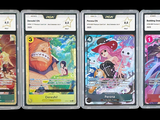 four different pokemon cards are displayed in a row on a black background