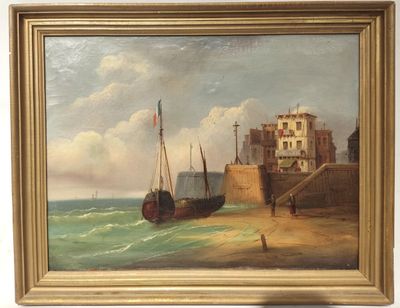 une peinture à l'huile représentant un bateau sur une plage, à côté d'un bâtiment