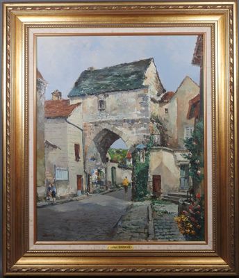 une peinture à l'huile représentant une scène de rue avec des bâtiments et un portail