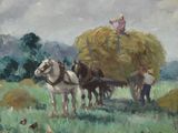 a painting of a man riding on a horse drawn wagon