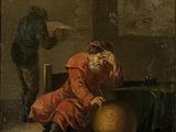 tableau représentant un homme assis sur une table avec un globe terrestre et un autre homme debout derrière lui
