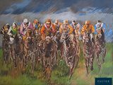 peinture d'un groupe de jockeys sur des chevaux courant sur une piste