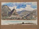 a watercolor painting of a mountain village by the water