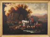 tableau représentant un homme faisant traverser une rivière à un groupe d'animaux
