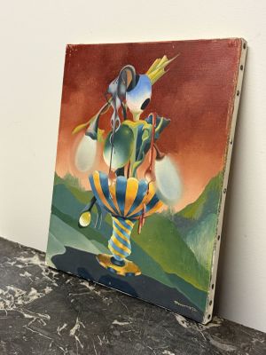 une peinture à l'huile représentant une femme tenant un oiseau sur une table