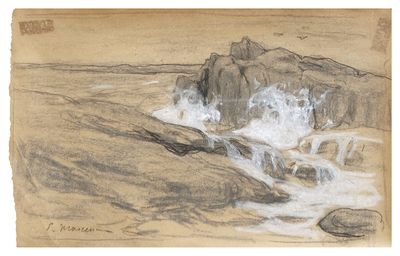 drawing of a rock in the ocean with waves crashing over it