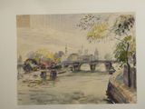 a watercolor painting of a bridge over a body of water