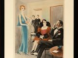painting of a woman in a blue dress standing in front of a group of people