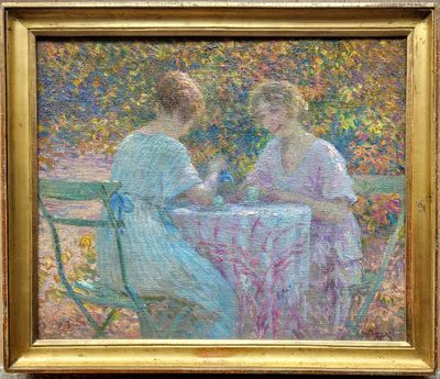 a painting of two women sitting at a table