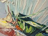 a close up of a painting of a boat in the water