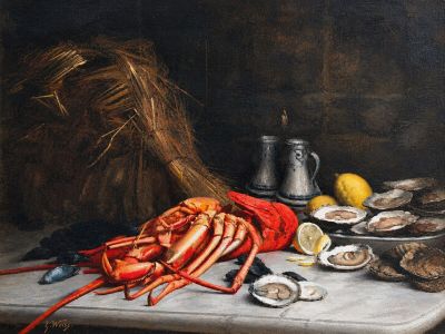 a painting of a lobster and oysters on a table